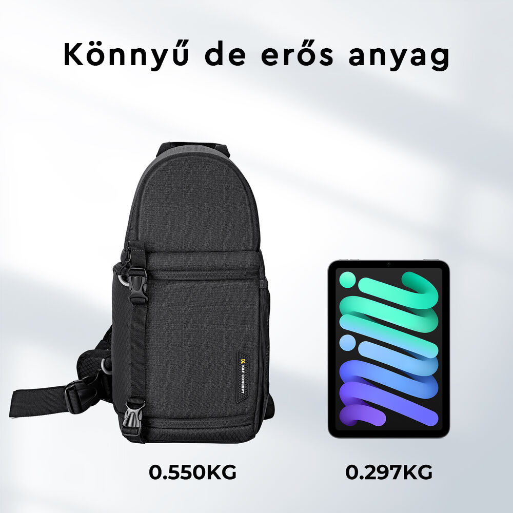 Fekete kameratáska és egy tablet. A táska súlya 0,550 kg, a tableté 0,297 kg. A táska méretét a tablethez hasonlítják.