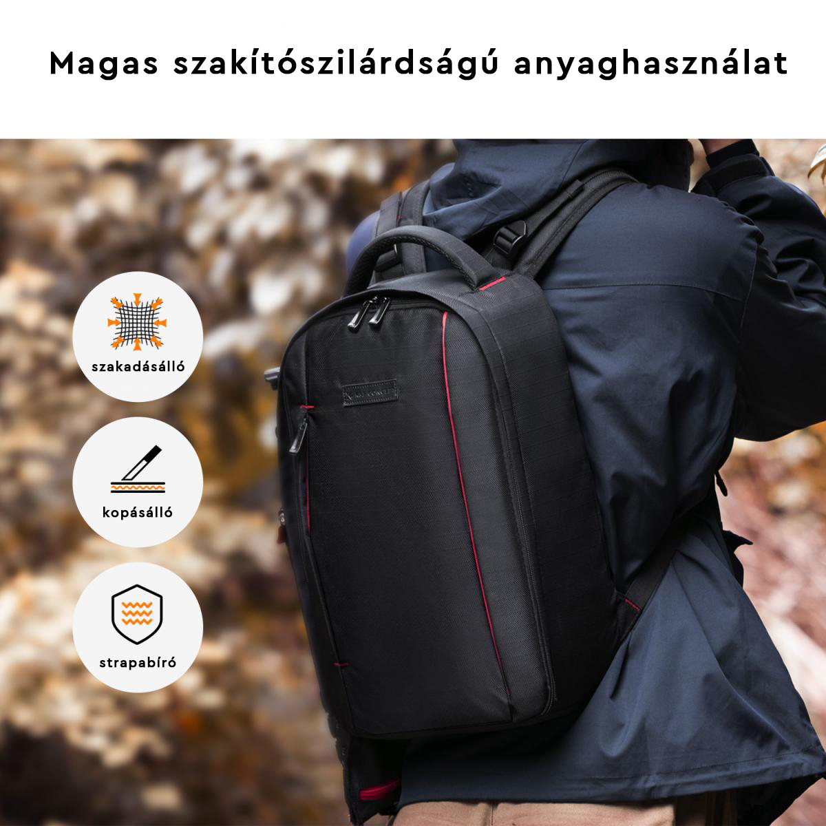 Fekete kamerás hátizsák piros díszítéssel. Jellemzők: szakadásállóság, kopásállóság és vízállóság.