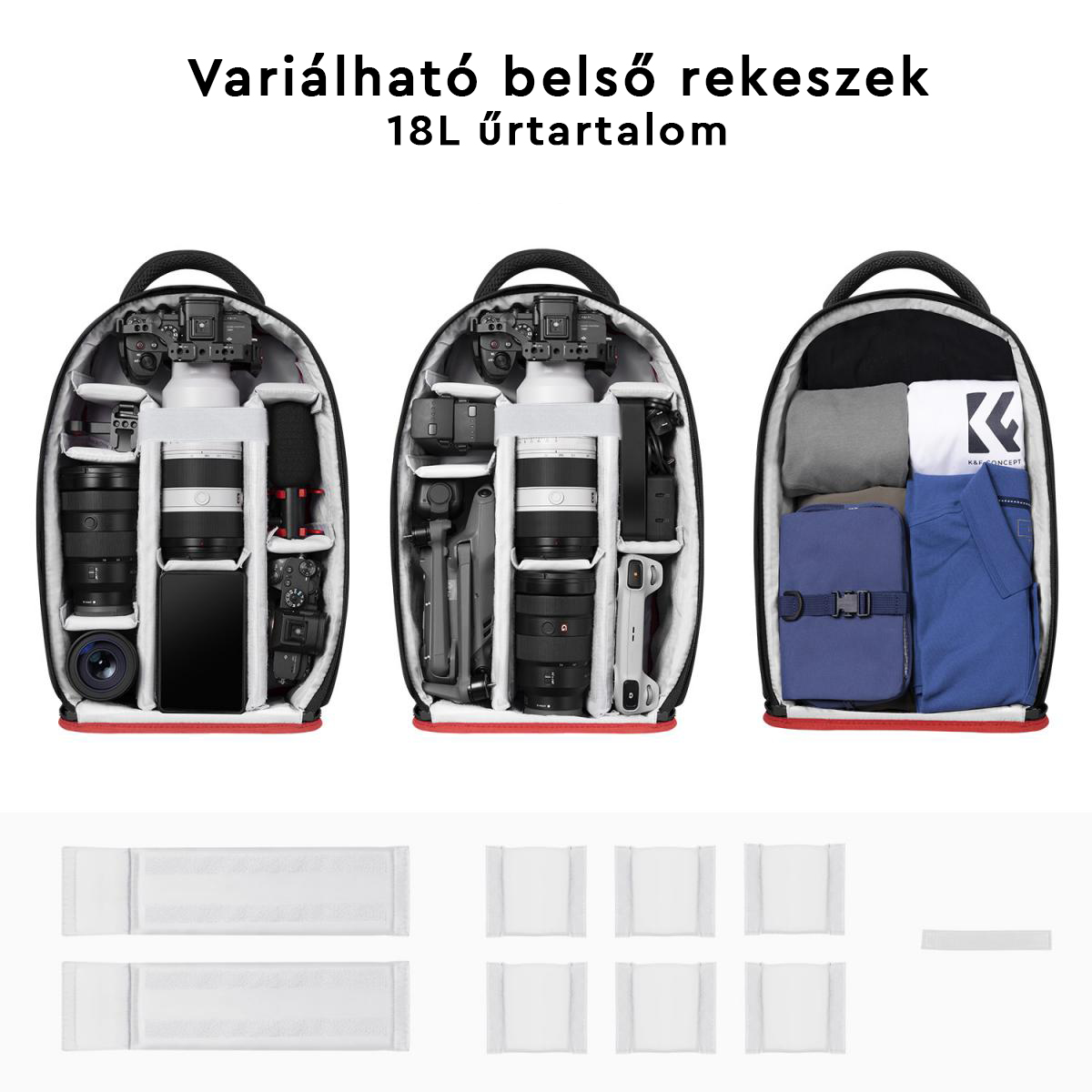 Kamerás hátizsák belseje, állítható rekeszekkel. Három különböző elrendezés, kamerás felszereléssel és ruhákkal.