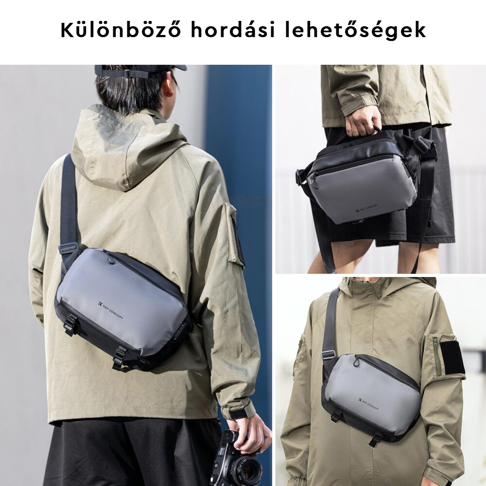 Egy személy a vállán táskával, a viselés különböző módjait bemutatva.