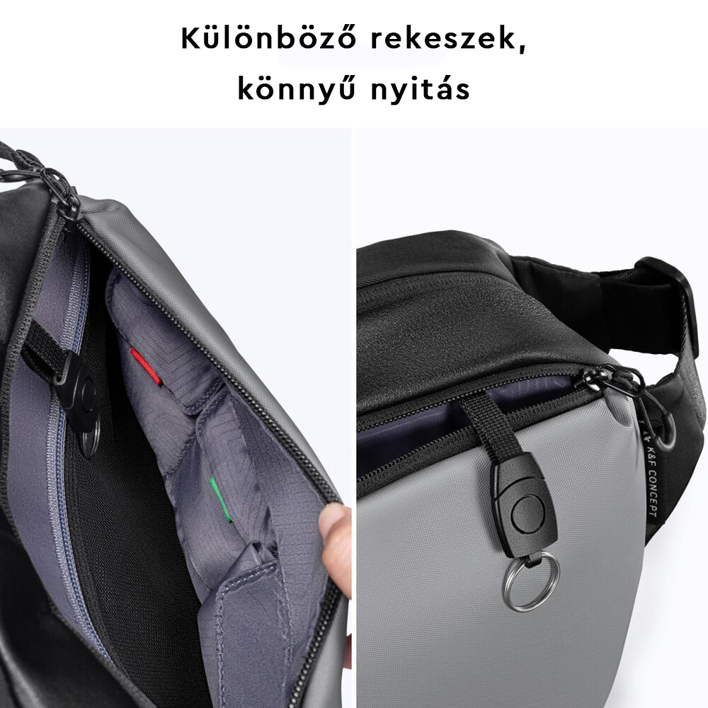 Táska közelképe rekeszekkel és egy kéz, ami kinyitja. Fekete és szürke.