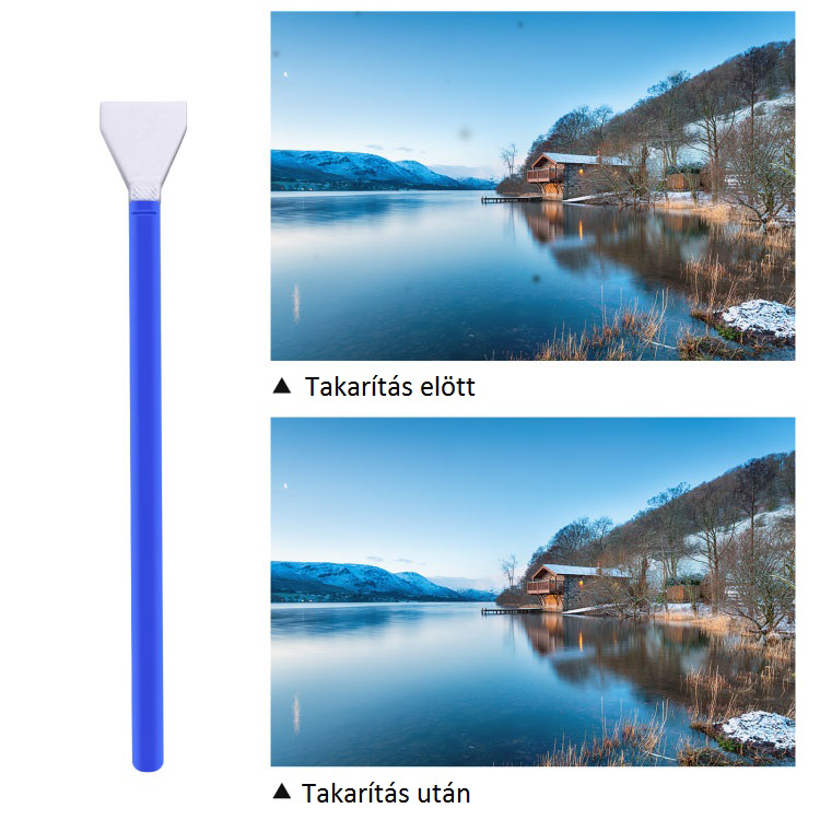 Kék-fehér tájtisztító eszköz, valamint a táj a tisztítás előtt és után.