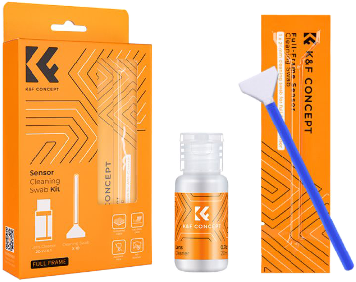 K&F Concept szenzor tisztító készlet. Doboz, tisztító folyadékkal és pálcikával.