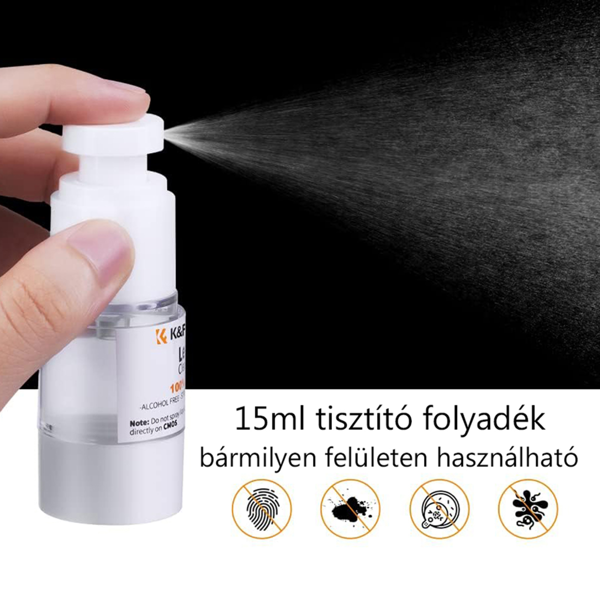 Kéz fehér flakonból folyadékot permetez, alatta szöveggel és grafikával.