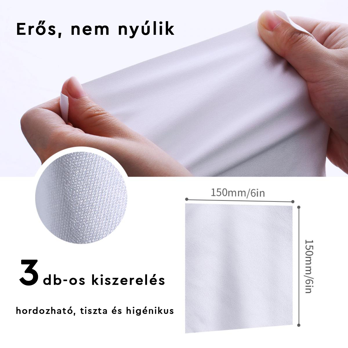 Fehér szövetet tartanak kezek, szöveggel a méretéről és tulajdonságairól.