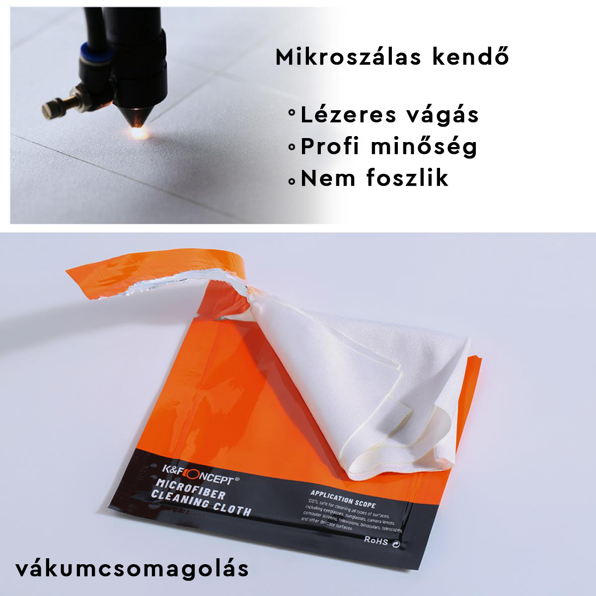 Egy mikroszálas tisztítókendő csomagban, szöveggel és lézeres vágás részlettel.
