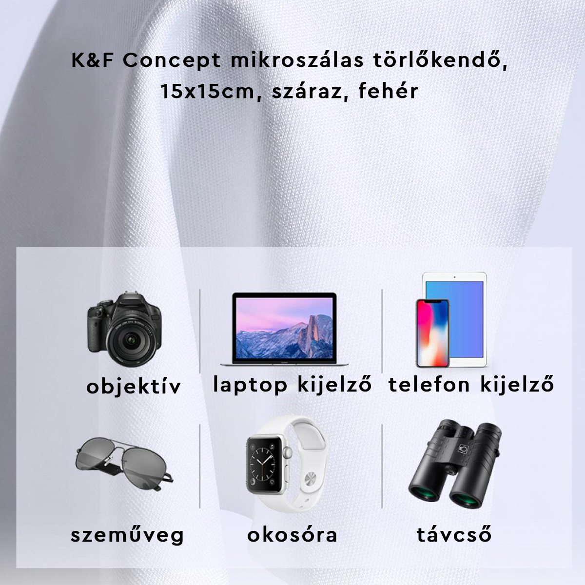 Fehér kendő különböző tárgyakkal, magyar nyelvű szöveg.