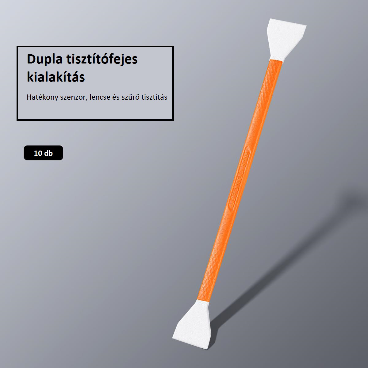 Tisztítóeszköz narancssárga nyéllel és fehér tisztítóhegyekkel. Szöveg: objektívhez és szűrőhöz.