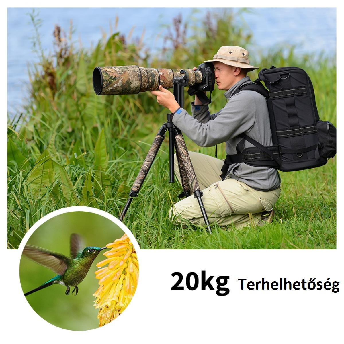 Férfi madarakat fotóz nagylencsével, állványon, közelben egy kolibri.