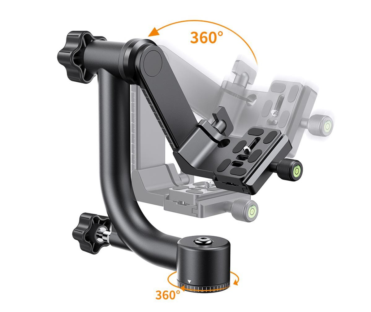 Fekete kamera gimbal 360 fokos forgatási jelzőkkel és fehér háttérrel.