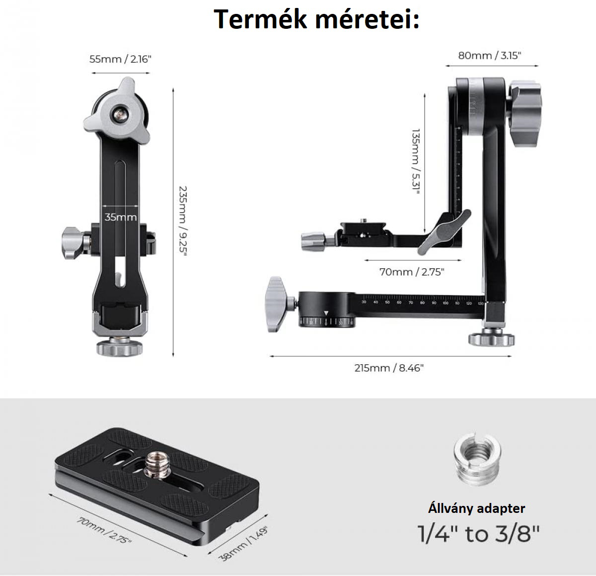 Egy eszköz méreteit mutató diagram, beleértve egy tartót és egy adaptert. A mérések milliméterben vannak megadva.