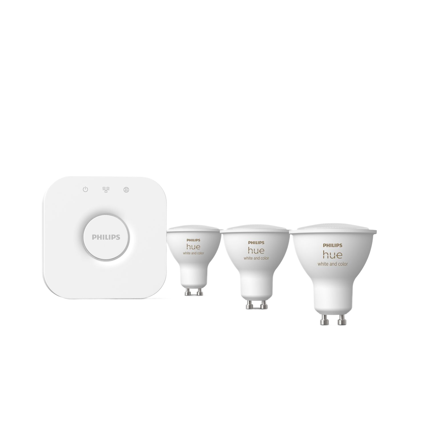 Witte Philips Hue lampen en een hub. Drie lampen en een vierkante hub worden getoond.