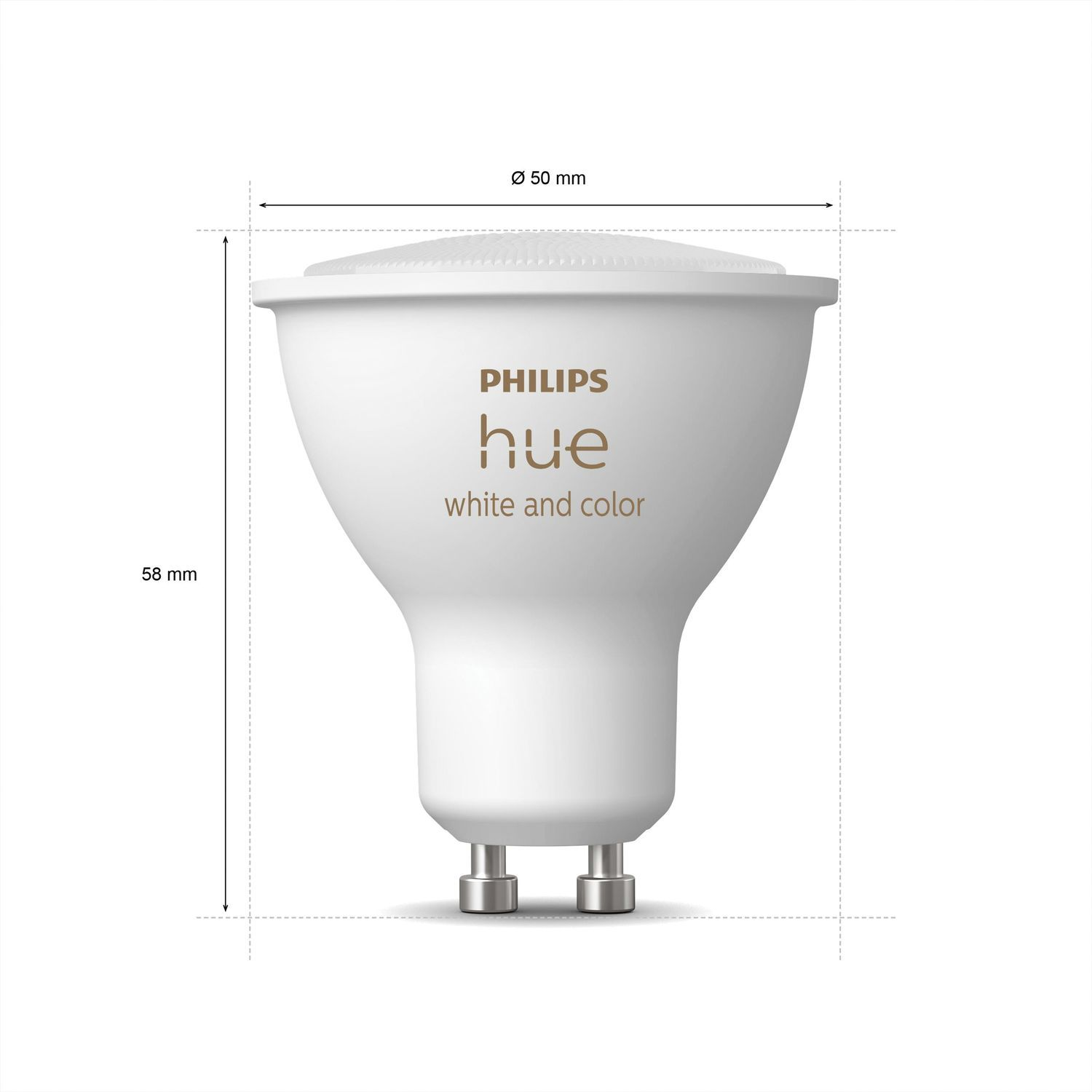 Witte Philips Hue lamp met afmetingen ernaast weergegeven.