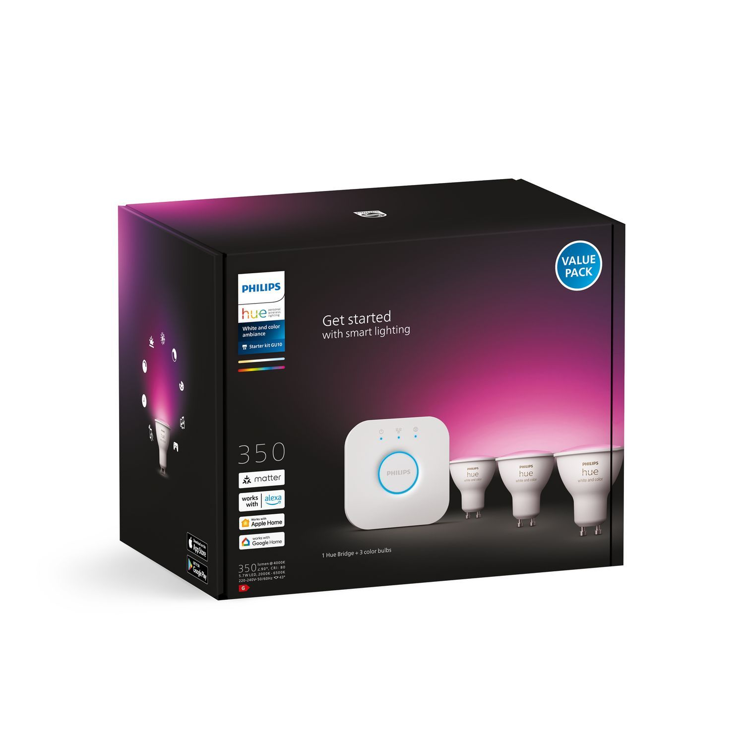 Doos met Philips Hue slimme verlichtingsproducten, inclusief bridge en 3 lampen.