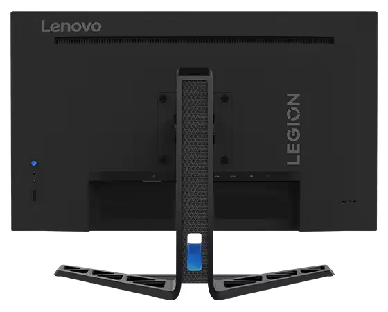 La parte trasera de un monitor Lenovo Legion negro con la marca Lenovo y Legion.
