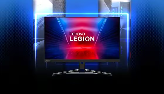 Un monitor Lenovo Legion para juegos sobre un fondo azul oscuro con un marco claro.
