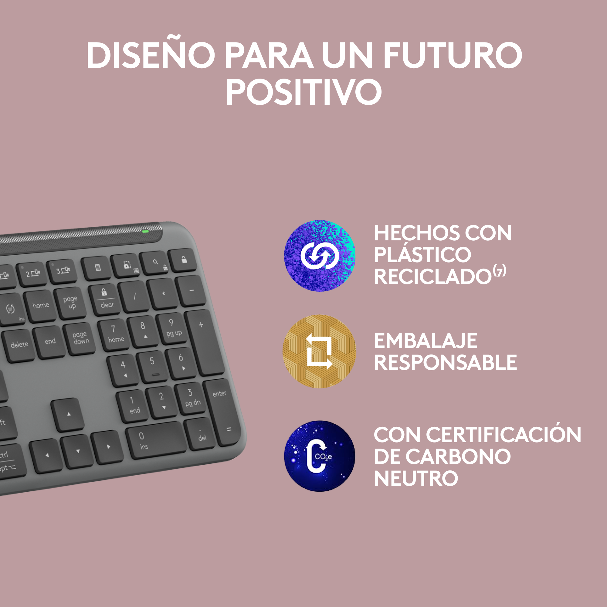 Teclado con texto, iconos y símbolos de reciclaje, sobre fondo gris-morado.