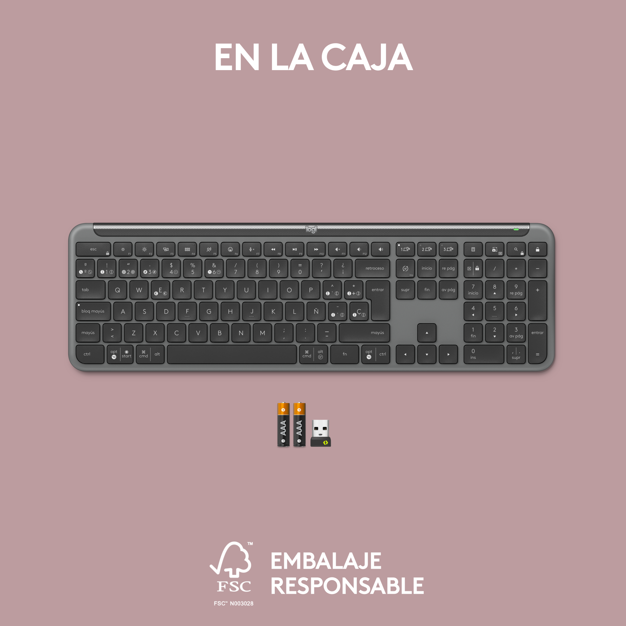 Un teclado gris con teclas negras, y dos pilas AAA, con el texto 'EN LA CAJA'.