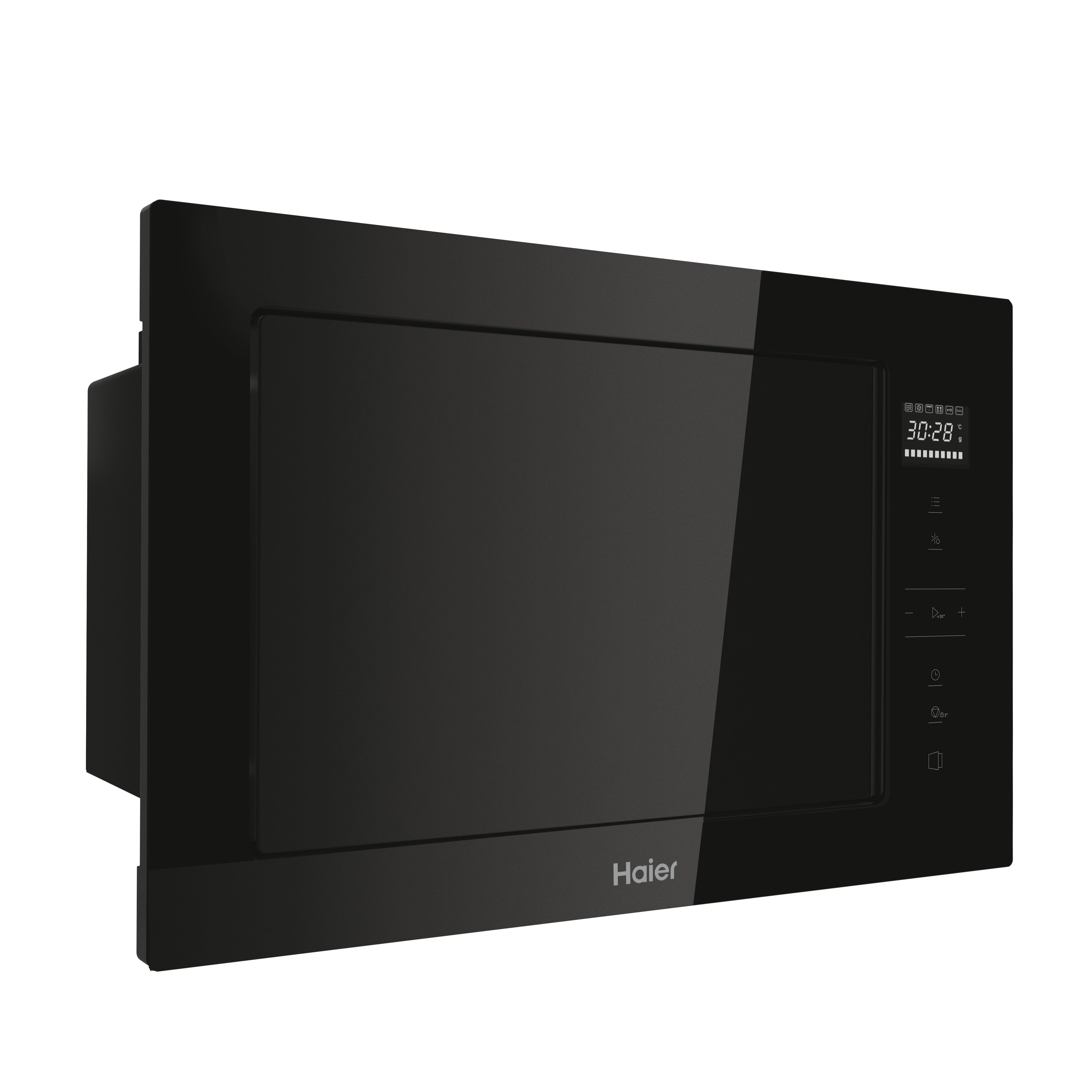 Un horno microondas negro con una pantalla digital sobre un fondo blanco.