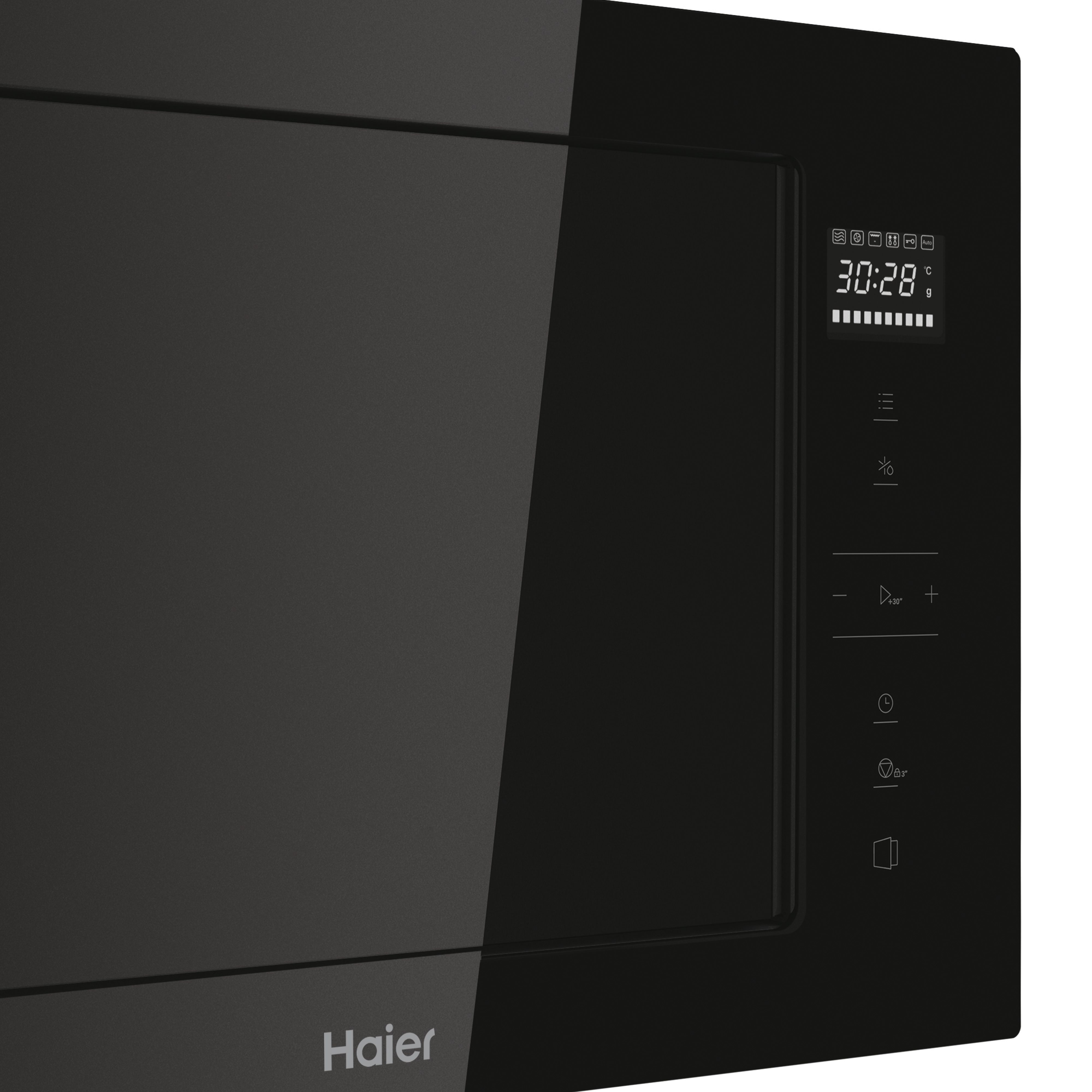 Un horno microondas negro con pantalla digital y botones de control. La marca es visible.