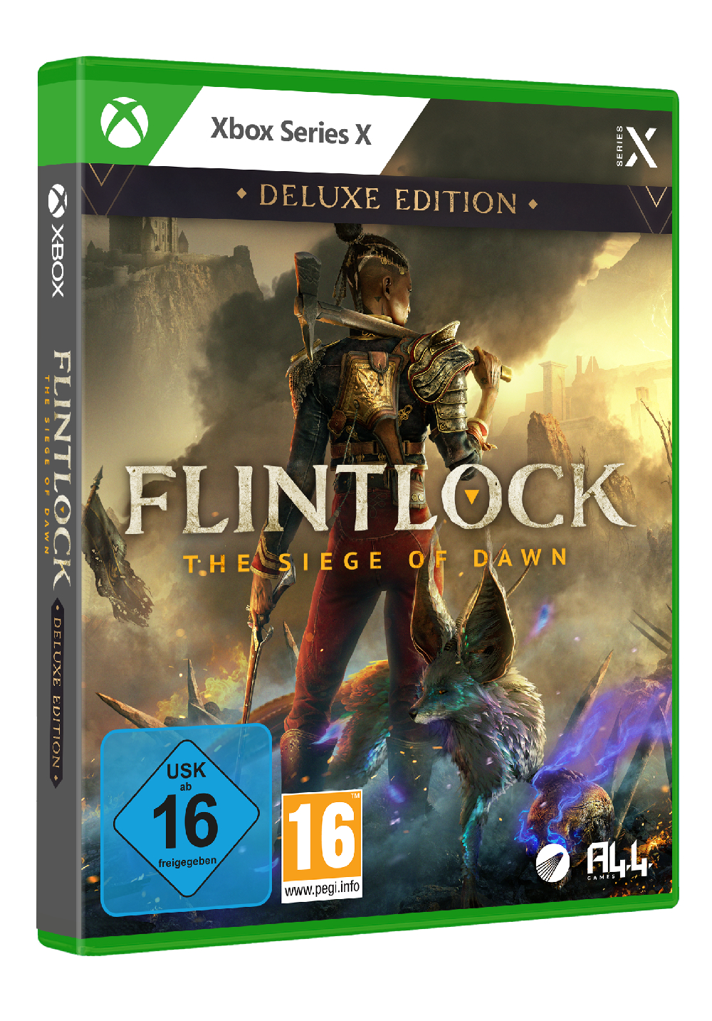 Spielbox für Flintlock: The Siege of Dawn. Zeigt eine Kriegerin und ein fuchsartiges Wesen.
