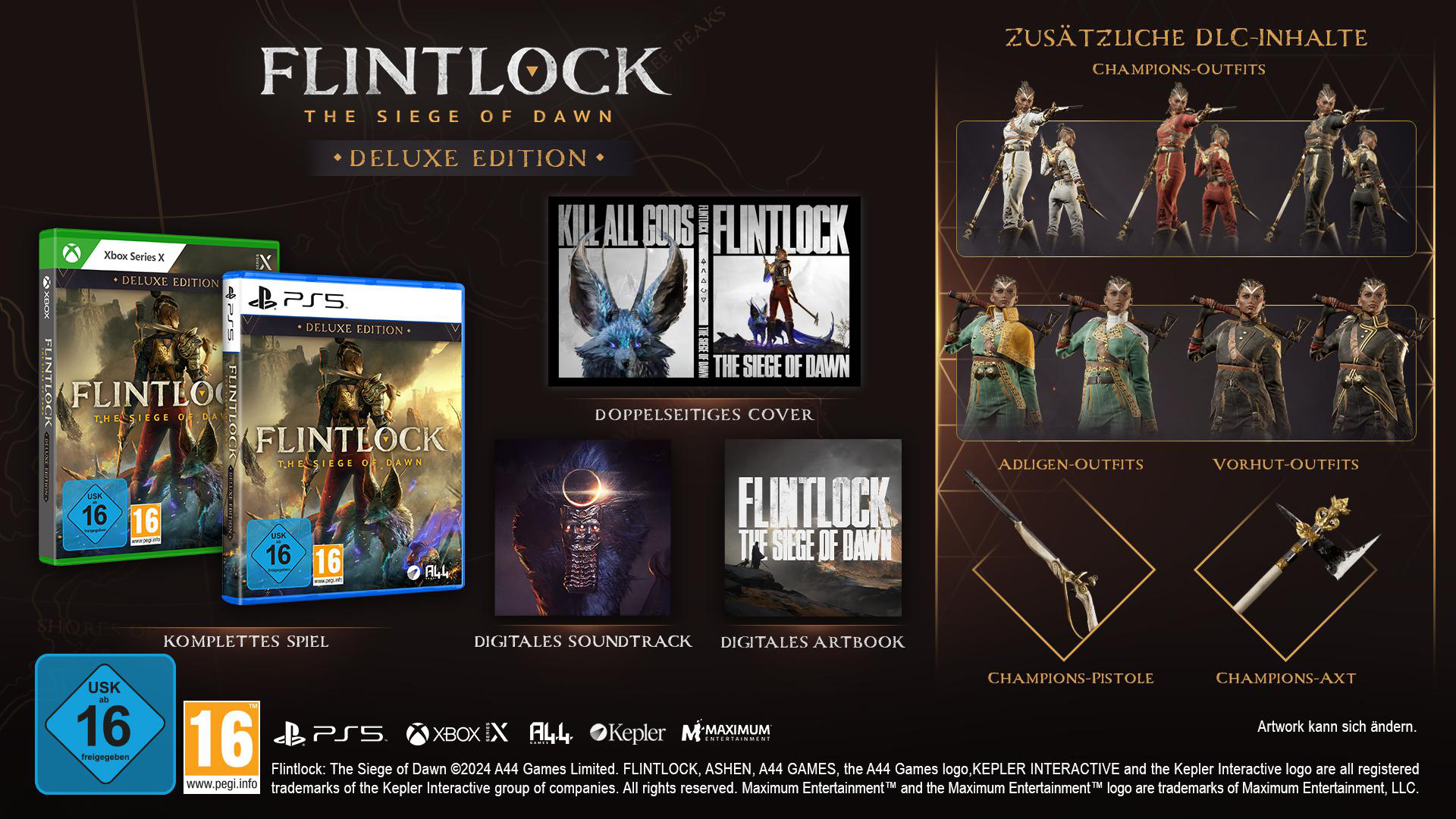 Spielbox-Art und zusätzliche DLC-Inhaltsbilder für 'Flintlock: The Siege of Dawn'.
