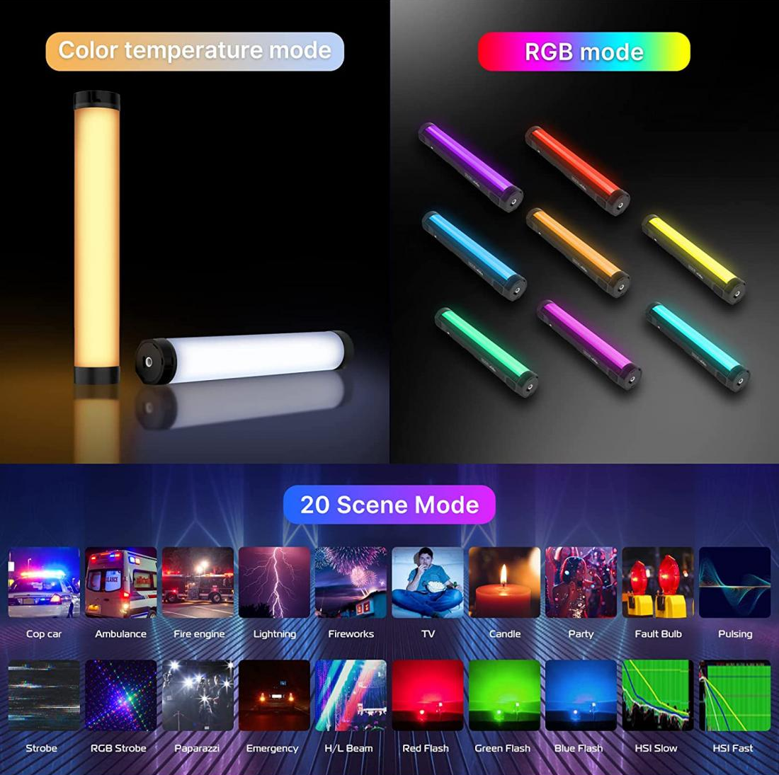 Fények színhőmérséklet és RGB módokkal, plusz 20 jelenet móddal.