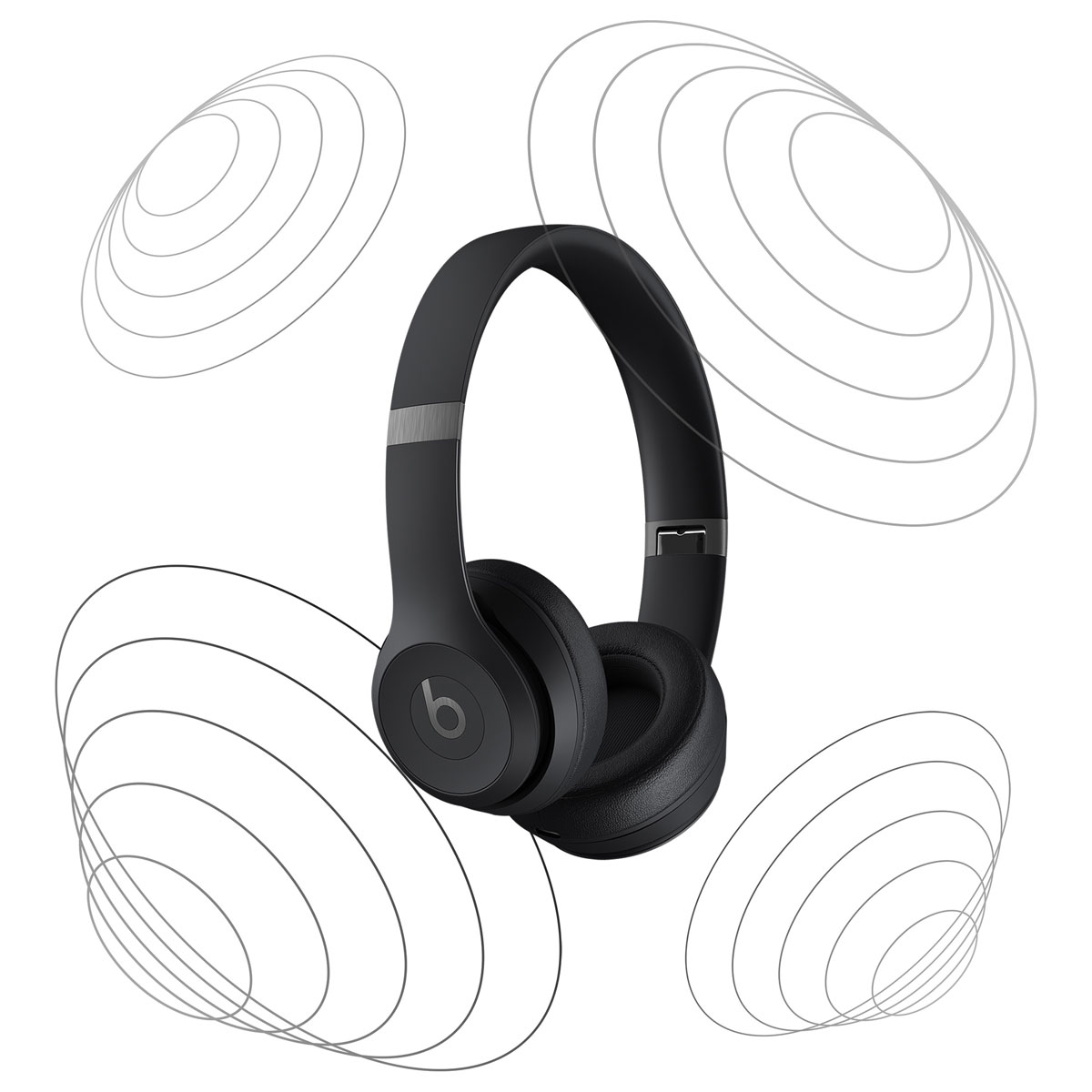 Auriculares negros con la letra 'b' en cada oreja, con gráficos de ondas de sonido.