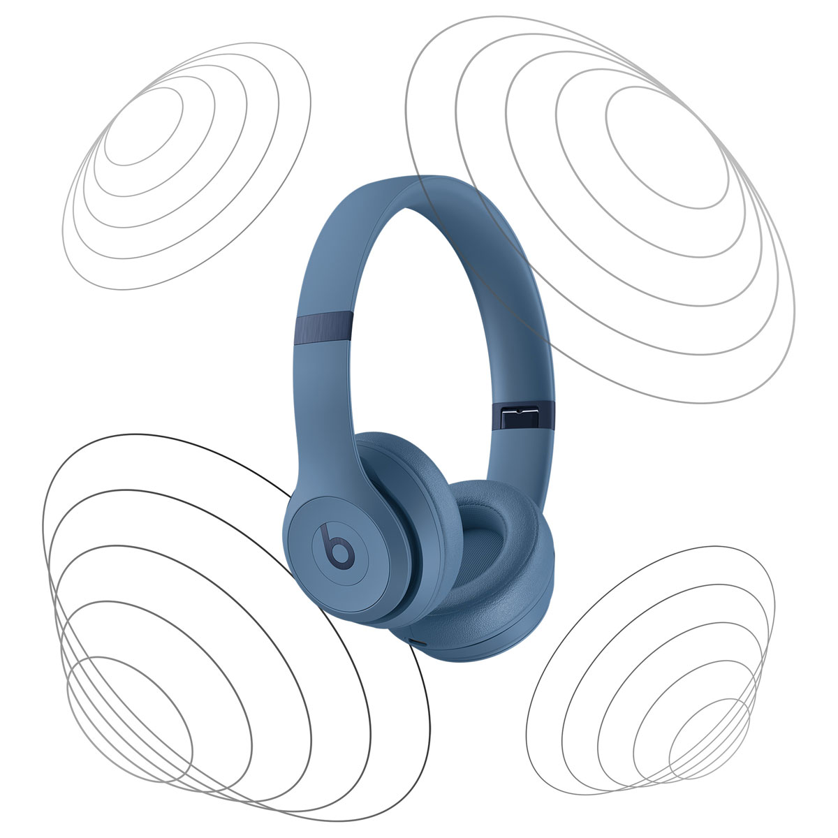 Auriculares azules con fondo blanco, con círculos alrededor.