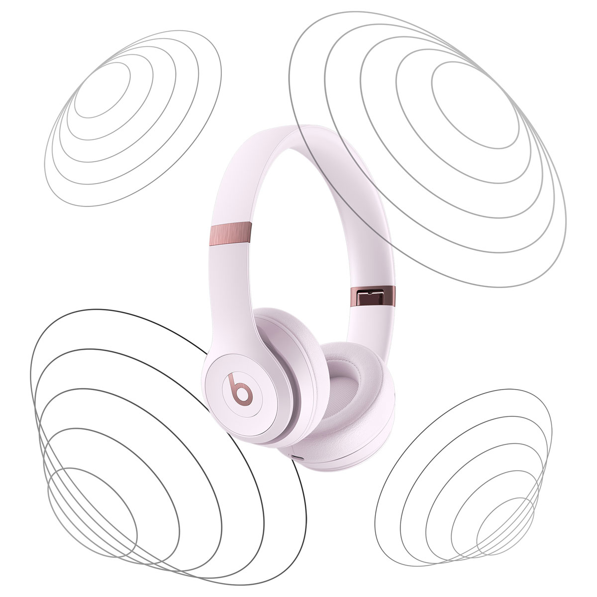 Auriculares blancos con detalles en oro rosa y círculos de ondas de sonido sobre fondo blanco.
