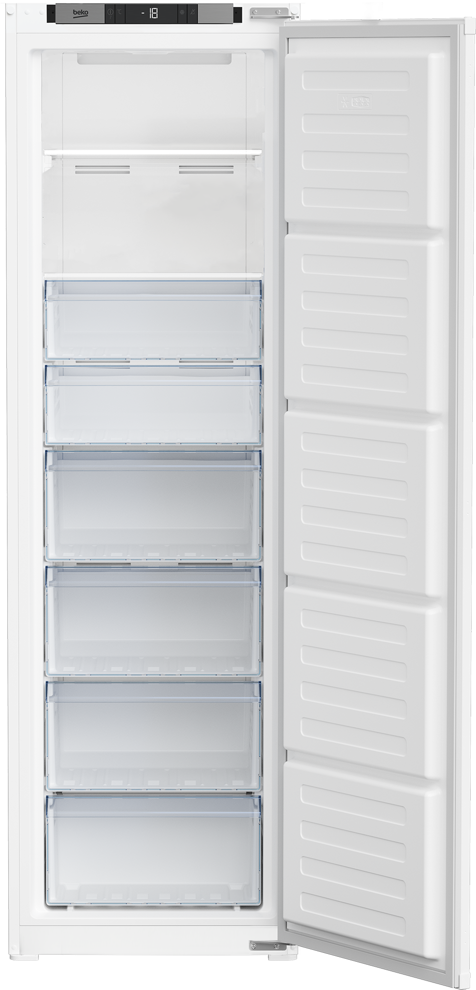 Refrigerador blanco con la puerta abierta, mostrando estantes y cajones dentro.