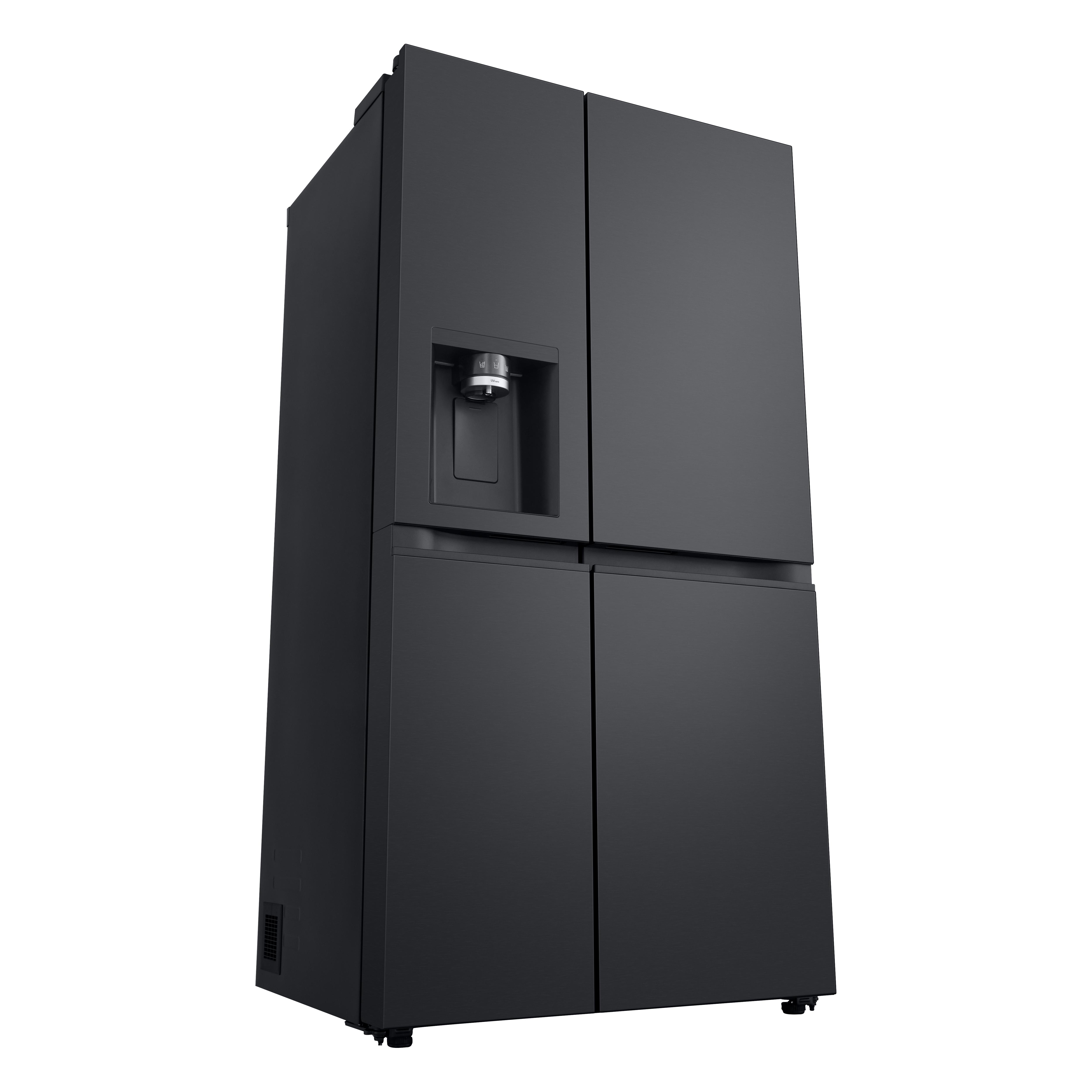 Schwarzer LG-Kühlschrank. Vier Türen, mit Wasserspender. Weißer Hintergrund.