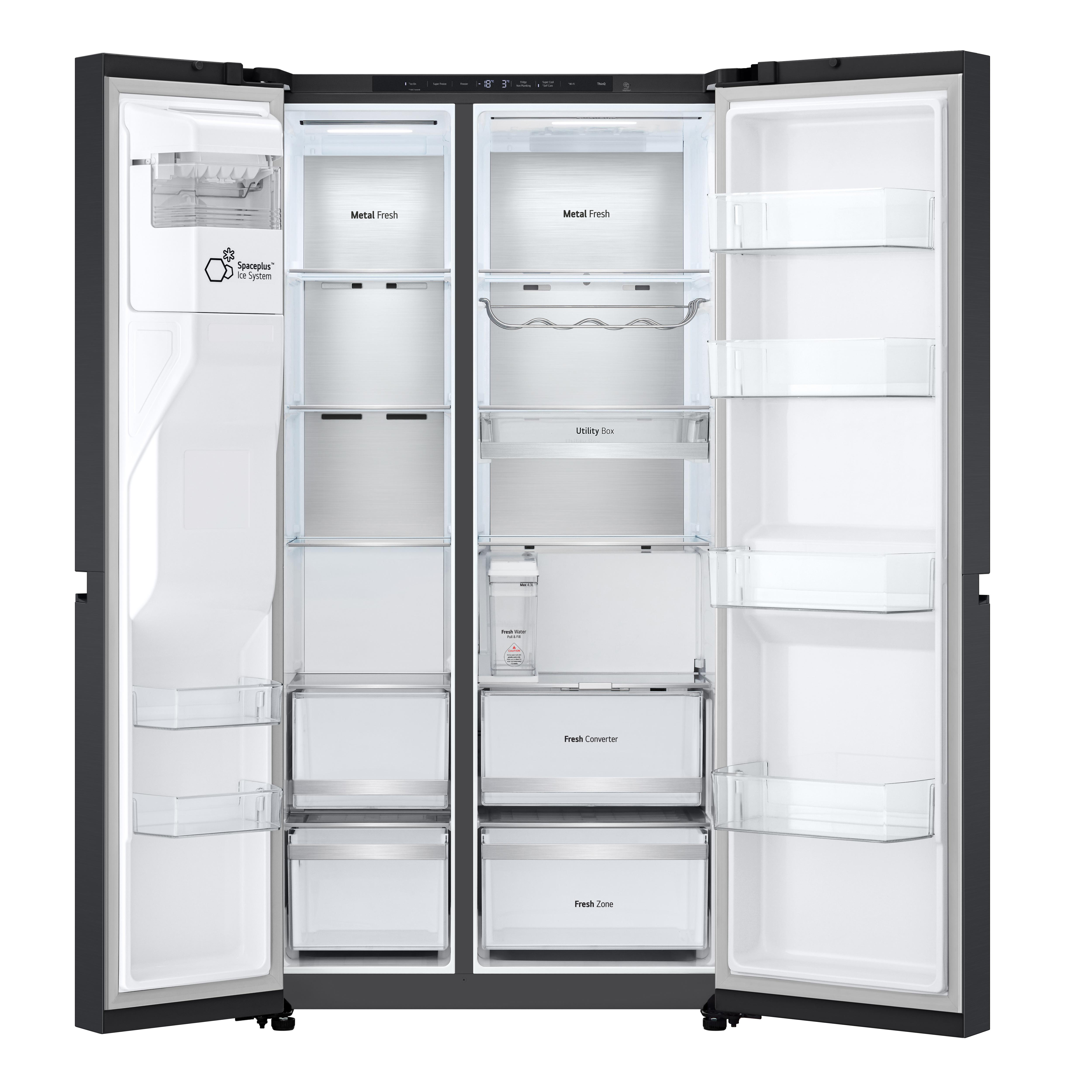 Ein schwarzer Kühlschrank mit offenen Türen, der Regale und Fächer freigibt. Beschriftet mit 'Metal Fresh' und 'Fresh Converter'.