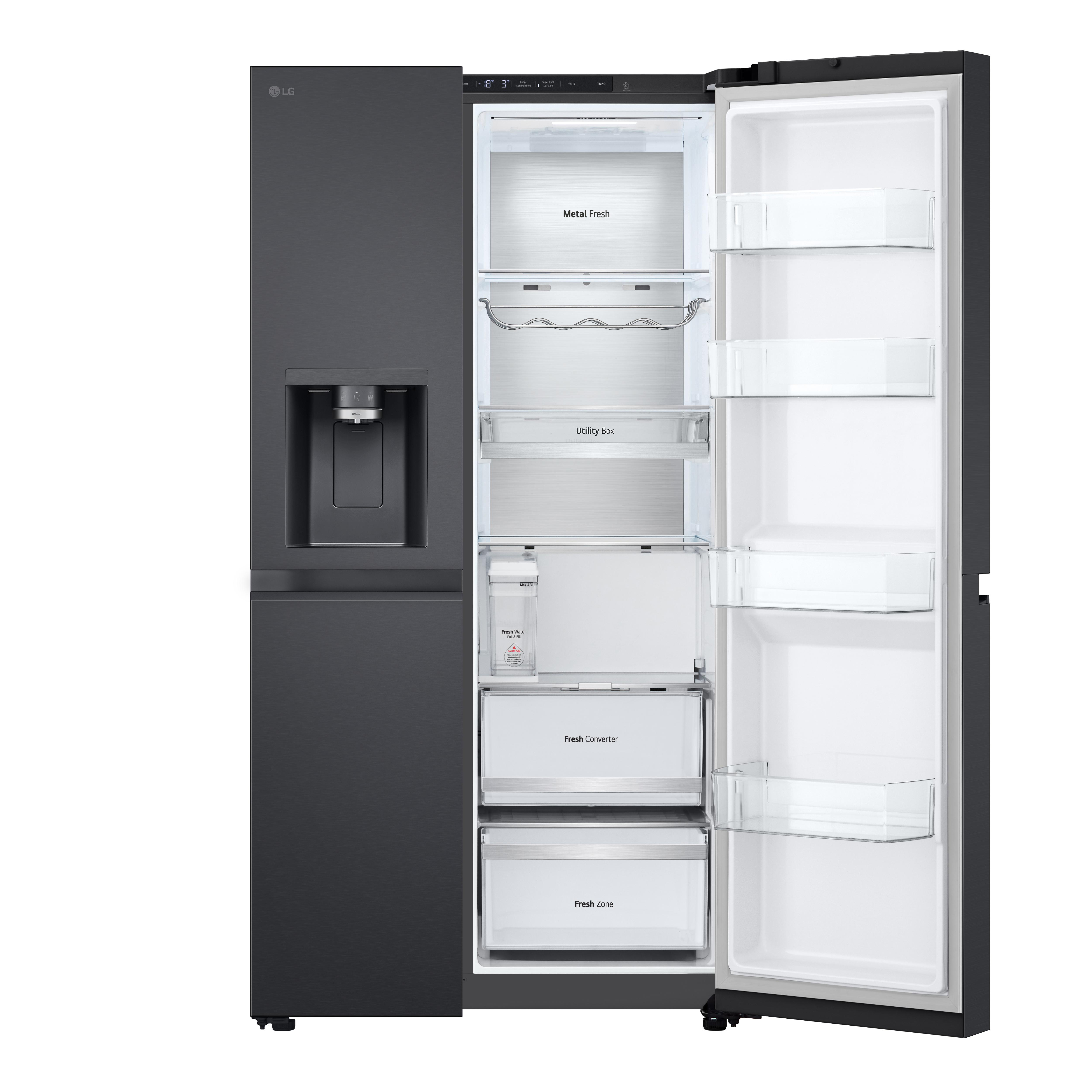 Schwarzer LG-Kühlschrank mit geöffneter rechter Tür, zeigt Innenregale.