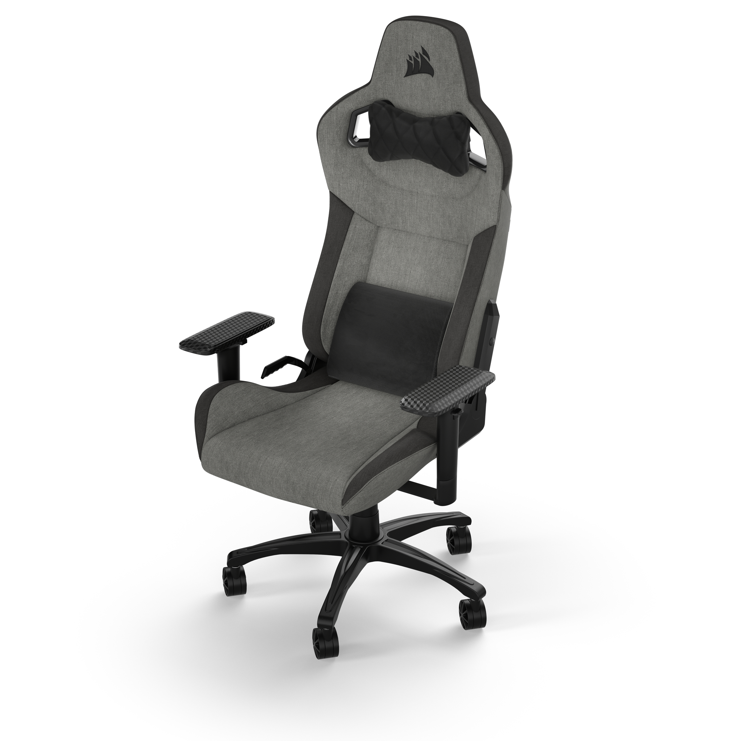 Ein grau-schwarzer Gaming-Stuhl mit Nacken- und Lendenkissen und Rädern.