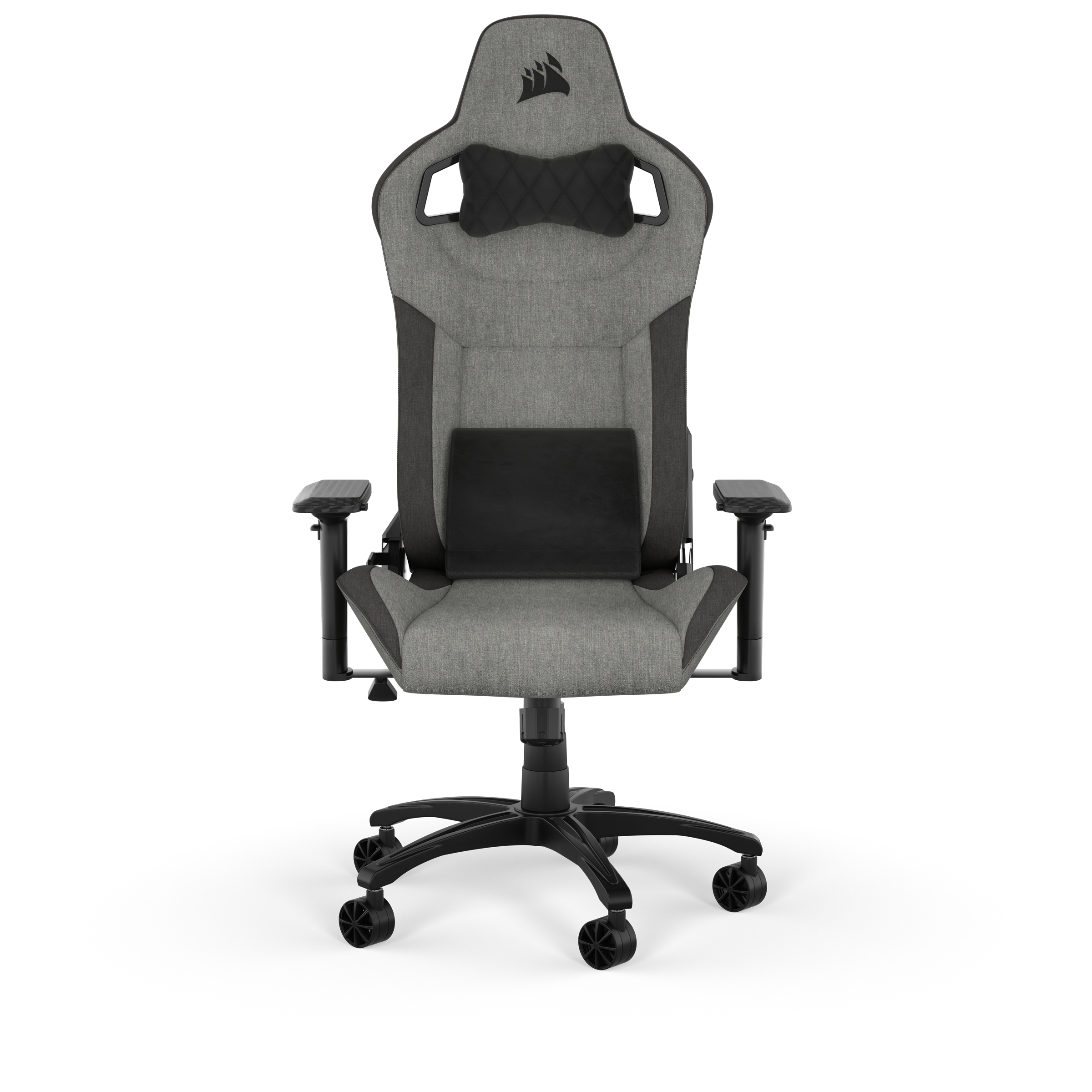 Ein grauer und schwarzer Gaming-Stuhl, Vorderansicht. Er hat eine Kopfstütze und Lordosenstütze.