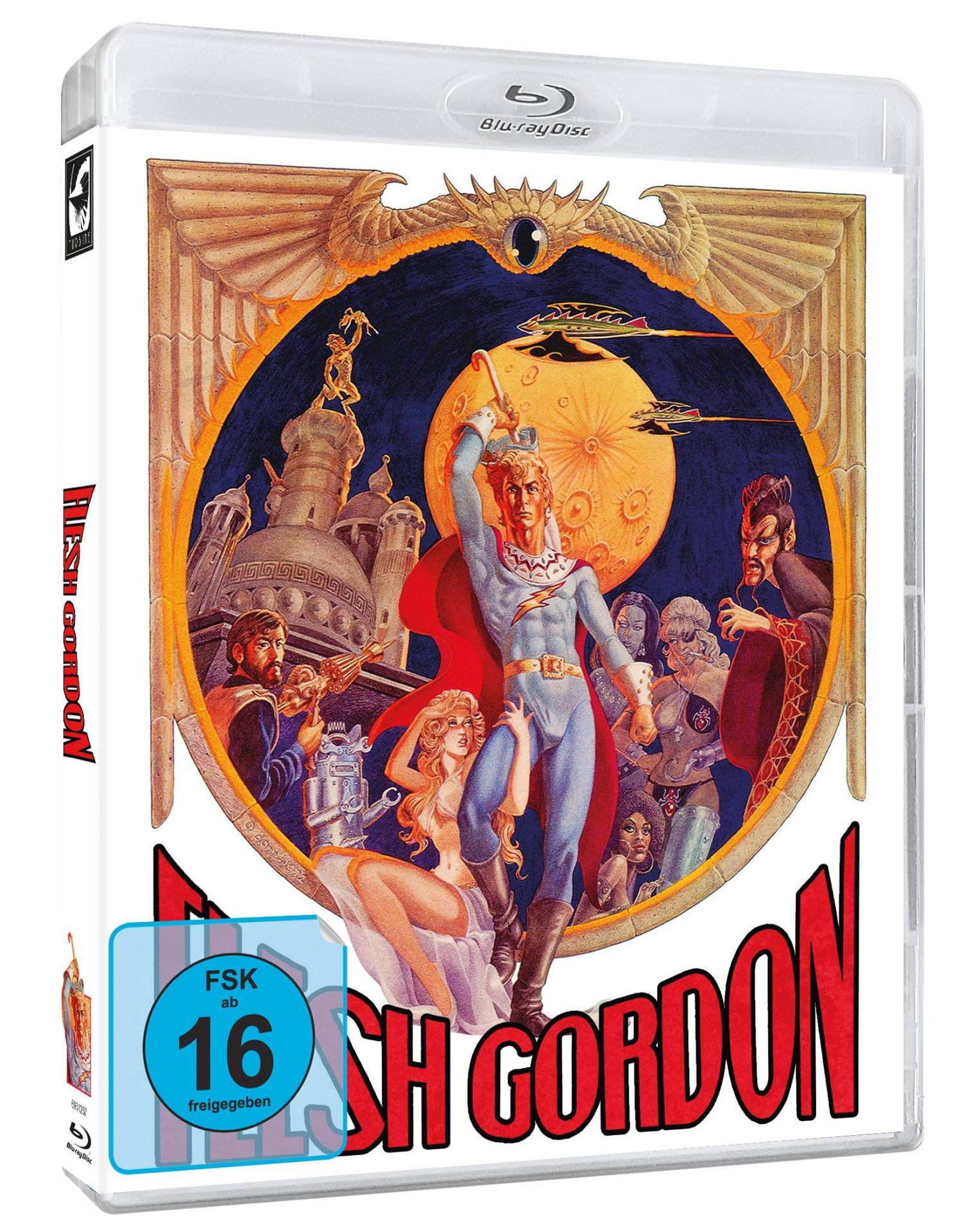 Flash Gordon Blu-ray-Cover. Bunte Illustration mit Charakteren und dem Titel.