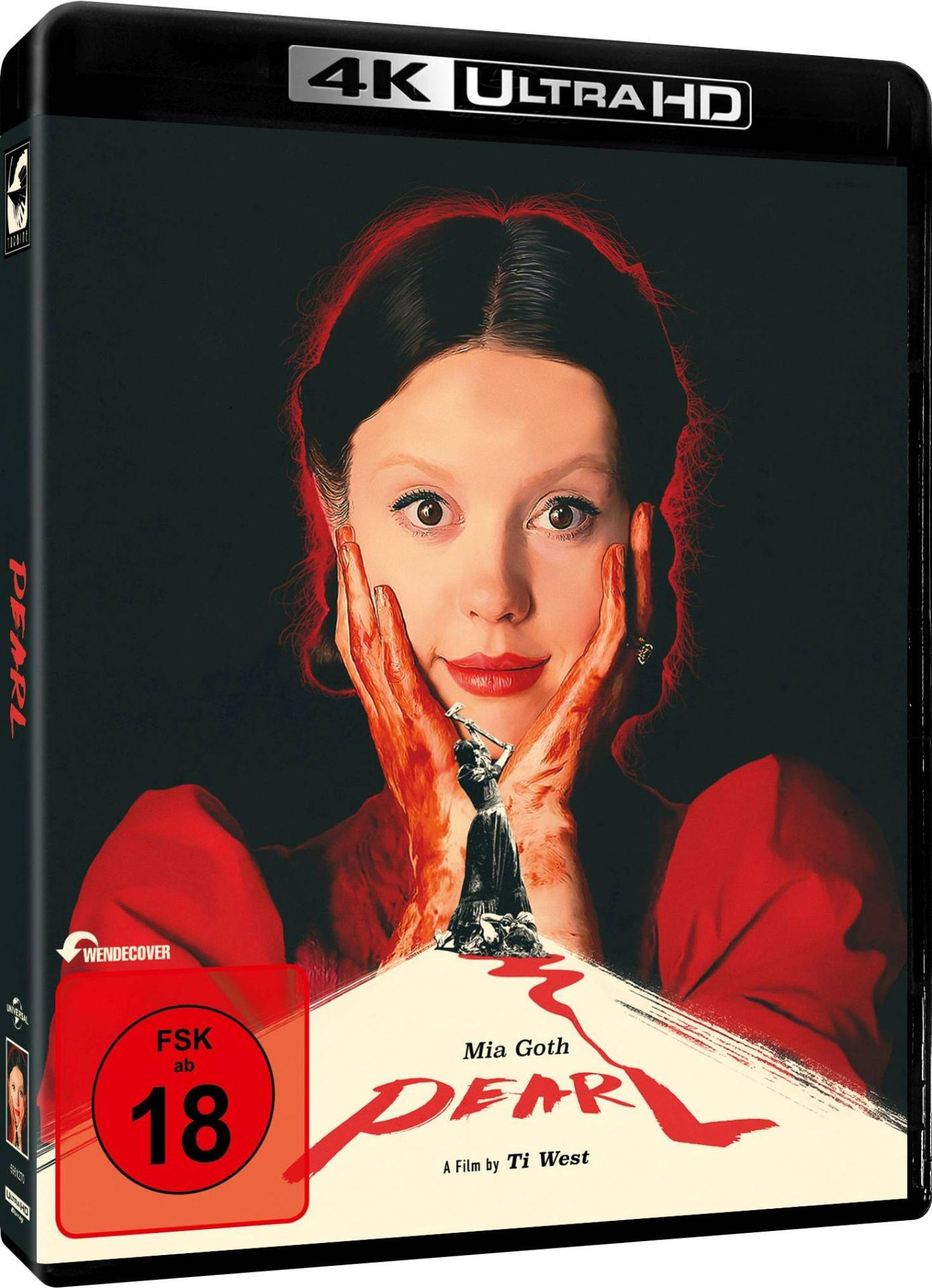 Pearl-Filmcover, mit dem Gesicht einer Frau, Blut und einem roten Kleid auf schwarzem Hintergrund.