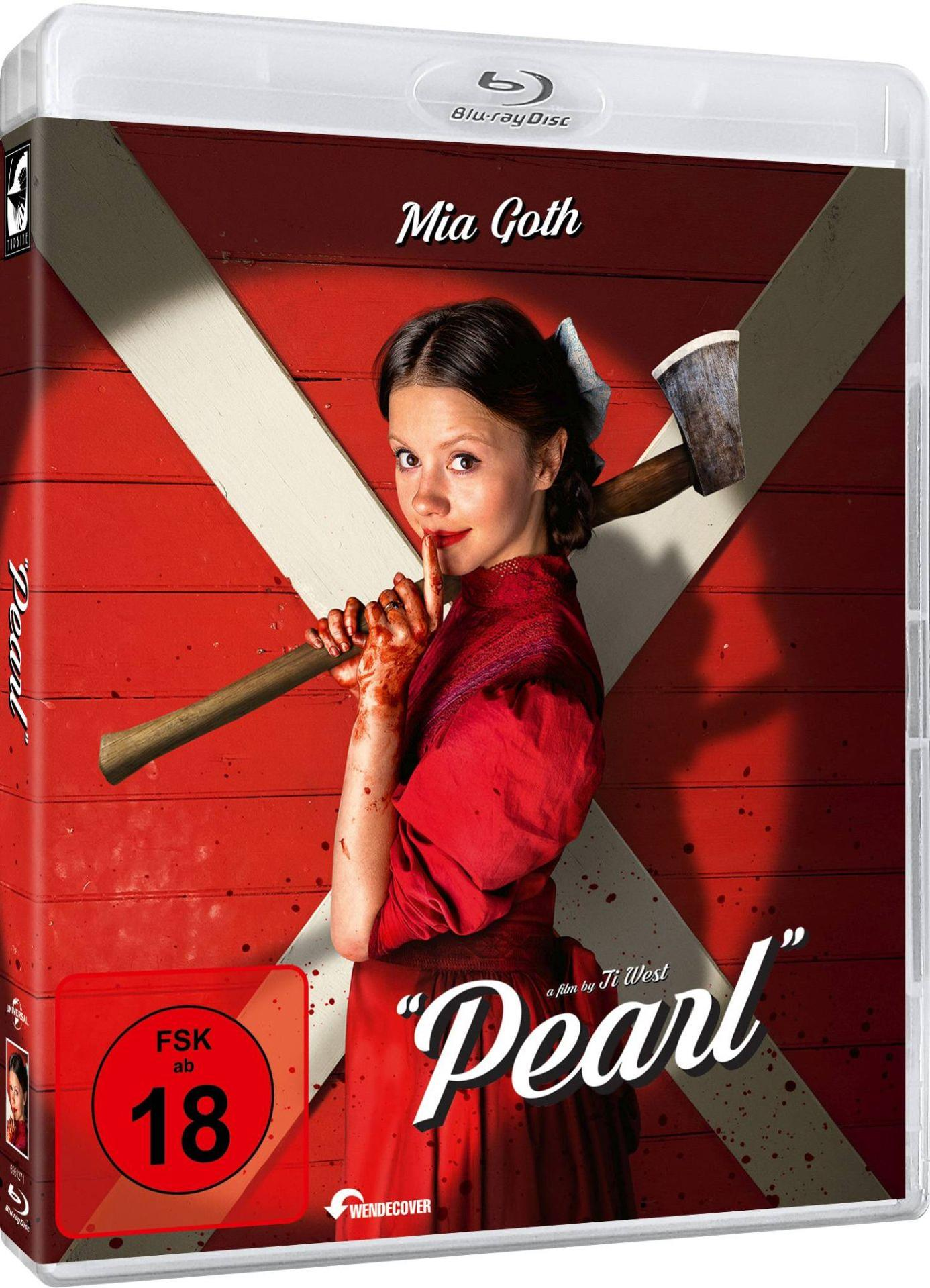 DVD-Hülle mit Mia Goth auf dem Cover, die eine Axt hält. Der Film ist 'Pearl'.