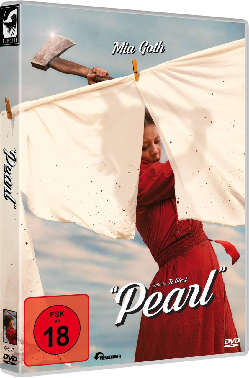 DVD-Cover von 'Pearl': Mia Goth in rotem Kleid, Wäscheleine mit Axt und Kleidung.