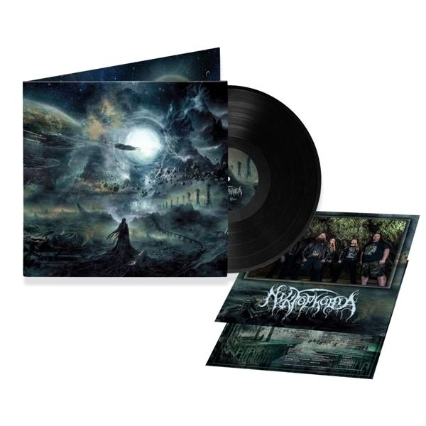 Schwarzes Vinyl-Album mit kosmischem Artwork und Bandfoto.