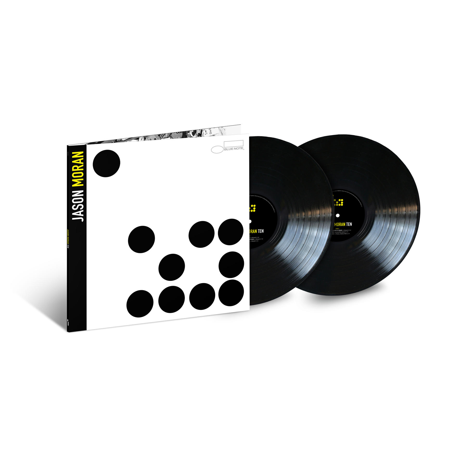 Albumcover und Vinylplatten von Jason Moran, mit schwarzen Kreisen auf Weiß.