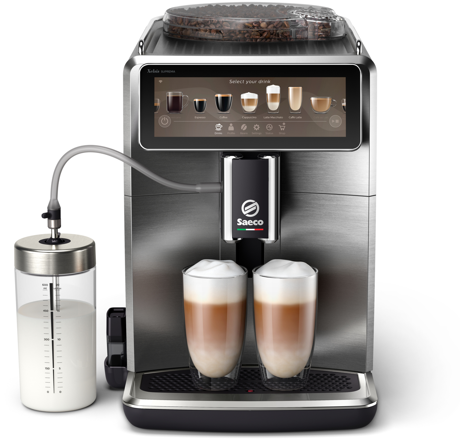 Eine silberne Saeco-Kaffeemaschine mit zwei Latte-Gläsern und einem Milchbehälter.
