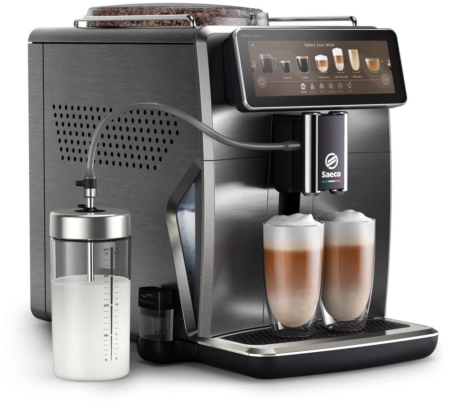 Saeco Kaffeemaschine. Sie hat einen Touchscreen, einen Milchbehälter und zwei Tassen mit Latte.