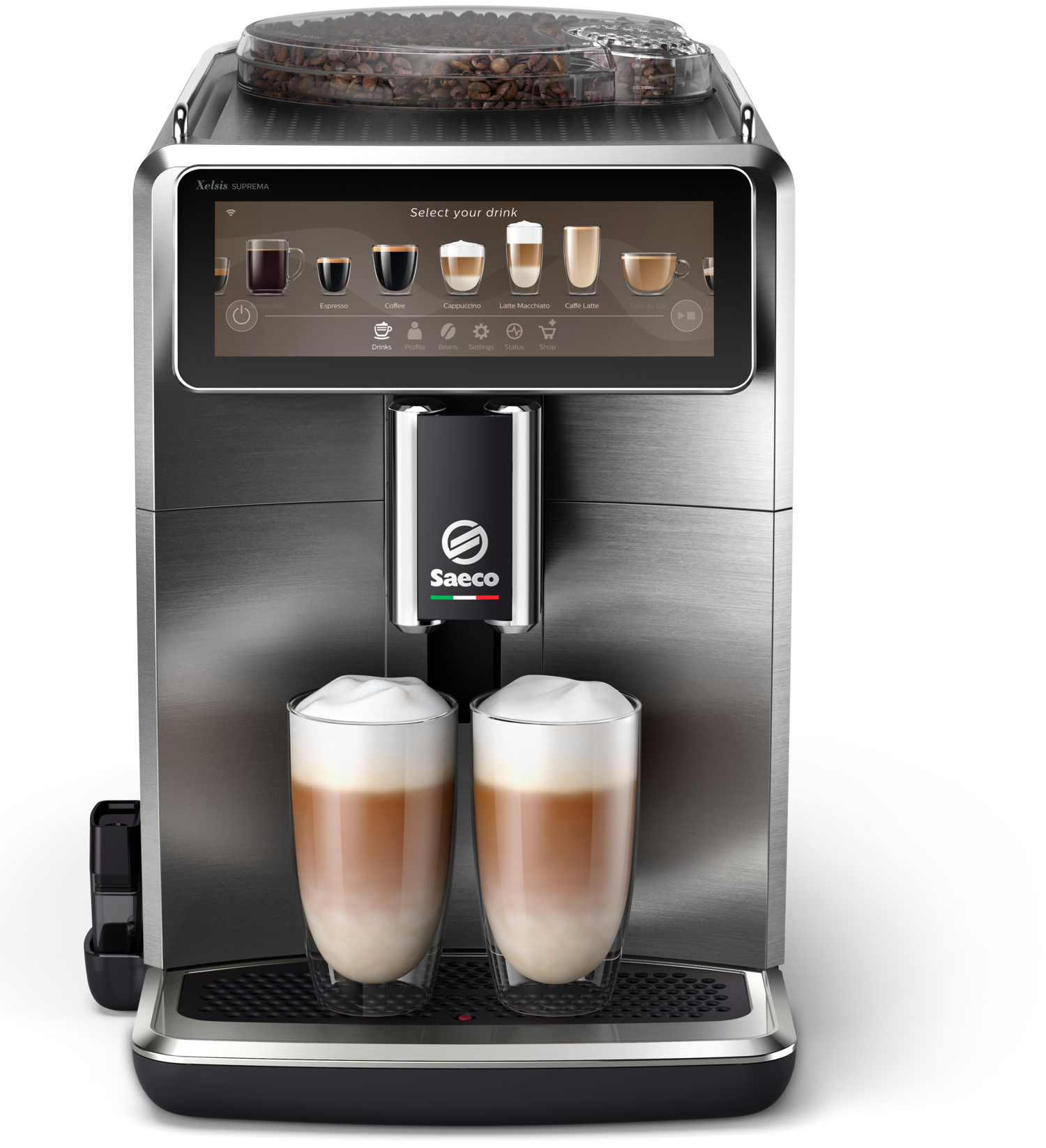 Eine silber-schwarze Saeco Espressomaschine mit Touchscreen und zwei Gläsern Latte.
