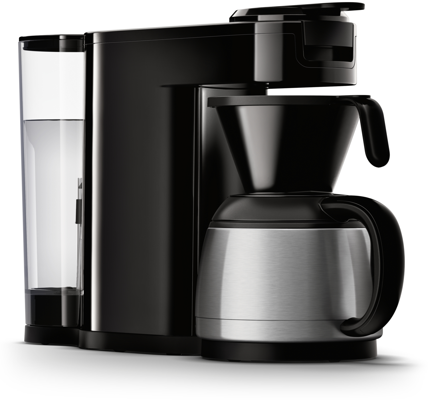Kaffeemaschine mit Wassertank und Thermokanne. Schwarzes und silbernes Design.
