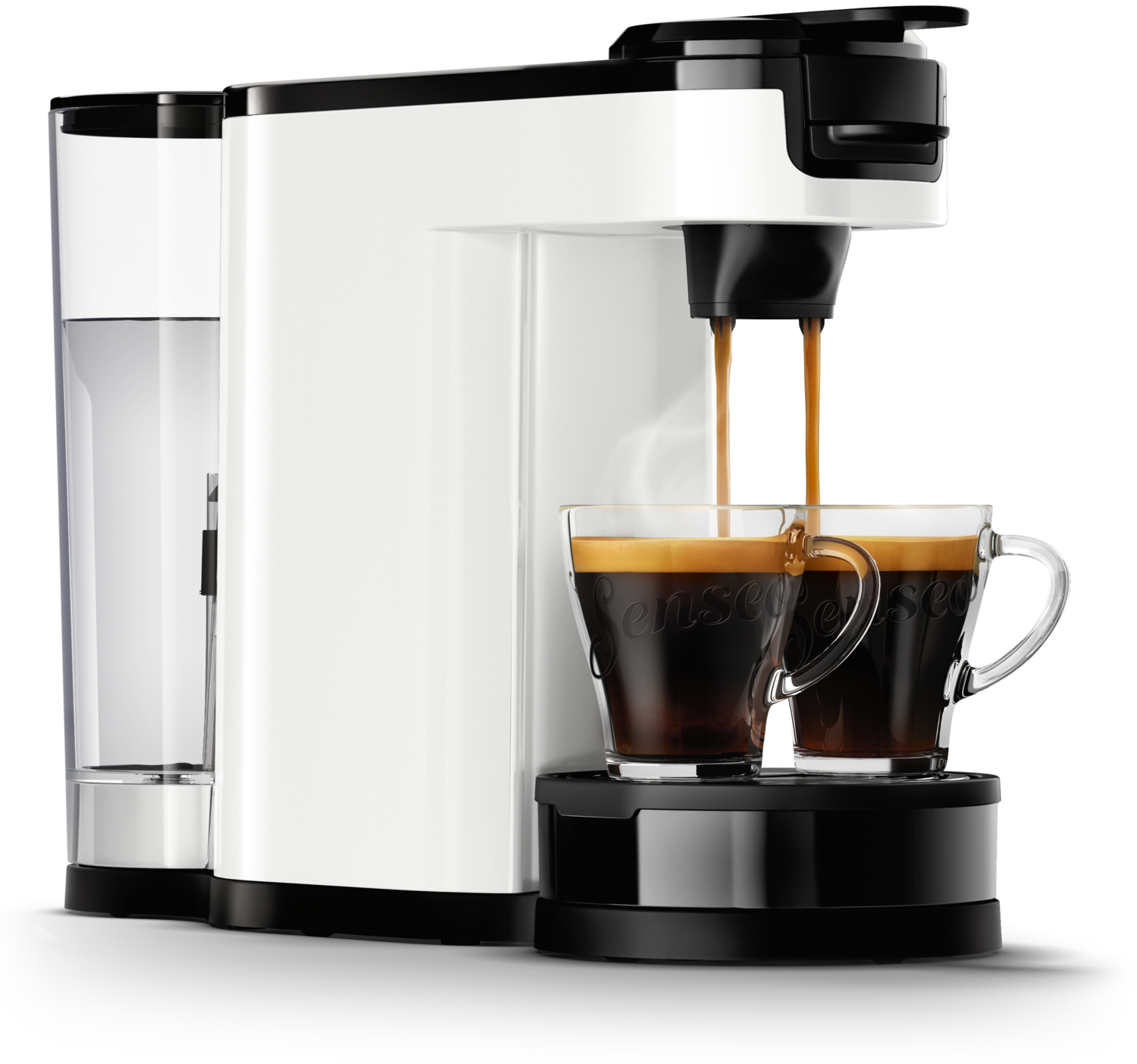 Wit en zwart koffiezetapparaat met twee kopjes koffie die worden ingeschonken.