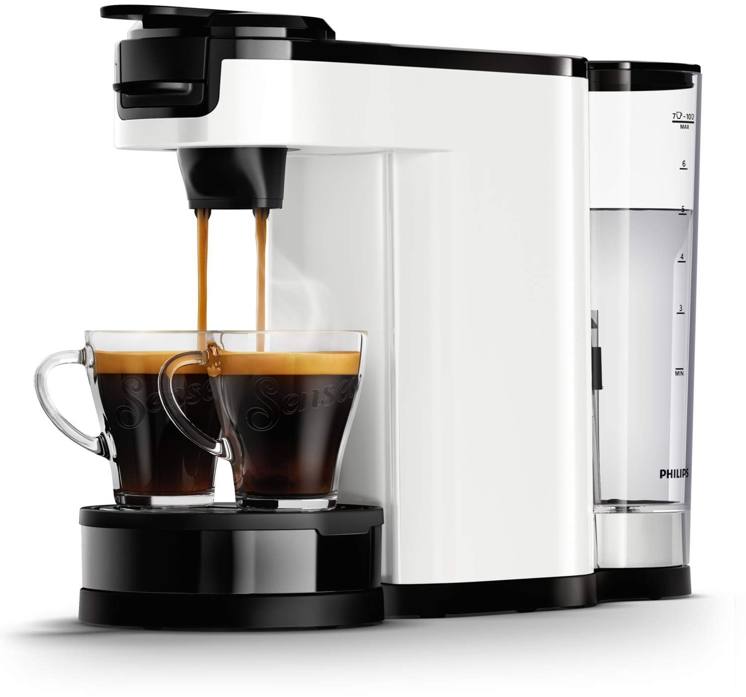 Een witte koffiemachine met twee kopjes die koffie schenken. Het woord 'Senseo' staat op de kopjes.