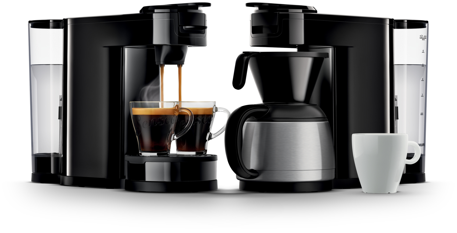 Twee koffiezetapparaten, één die koffie in glazen zet, één met een kan.