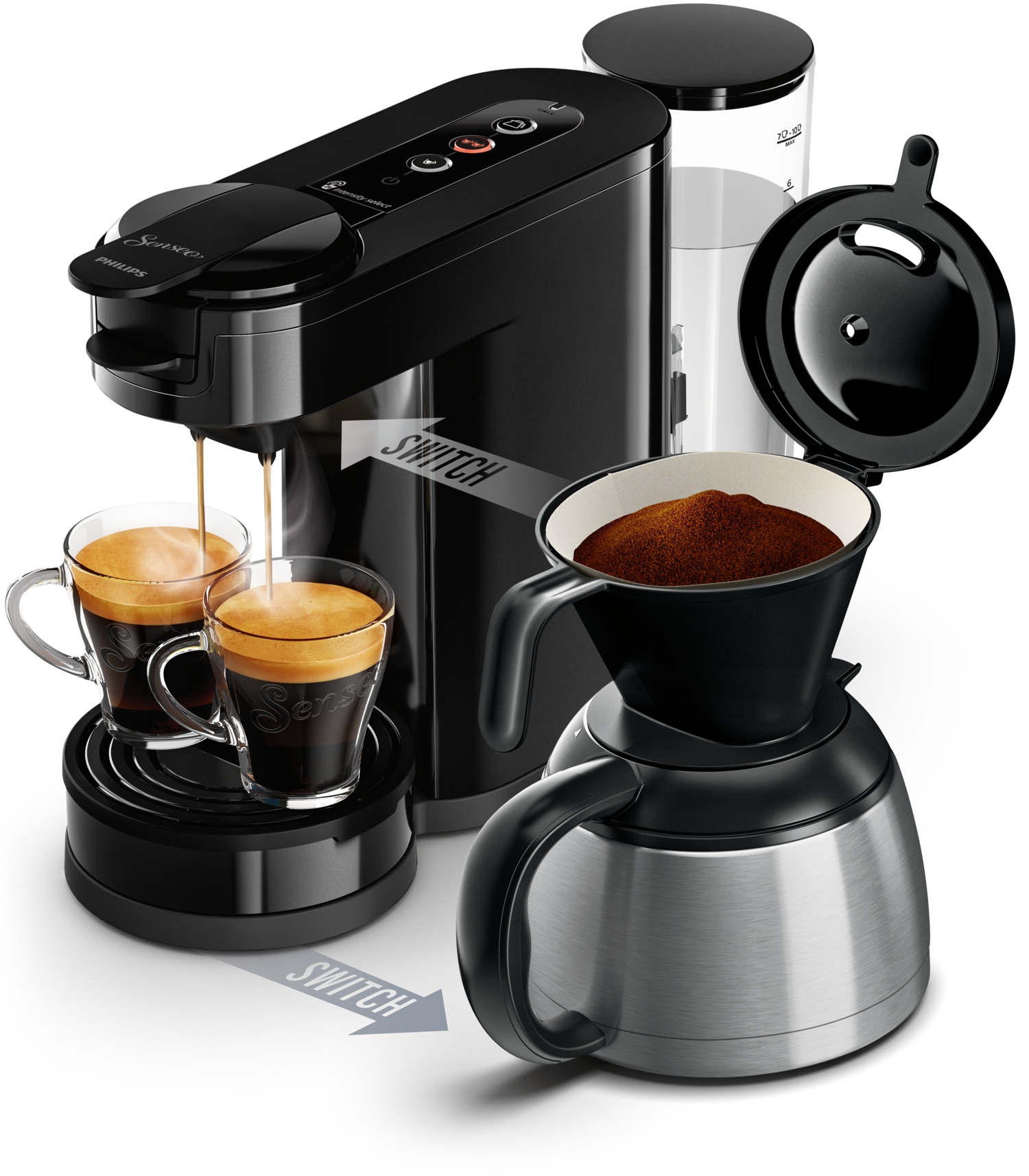 Zwarte koffiemachine met twee kopjes koffie. Koffiefilter en waterreservoir zichtbaar.